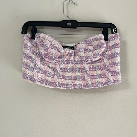 Zara woman’s pink/purple texture plaid corset tweed tube crop top - Picture 13 of 16